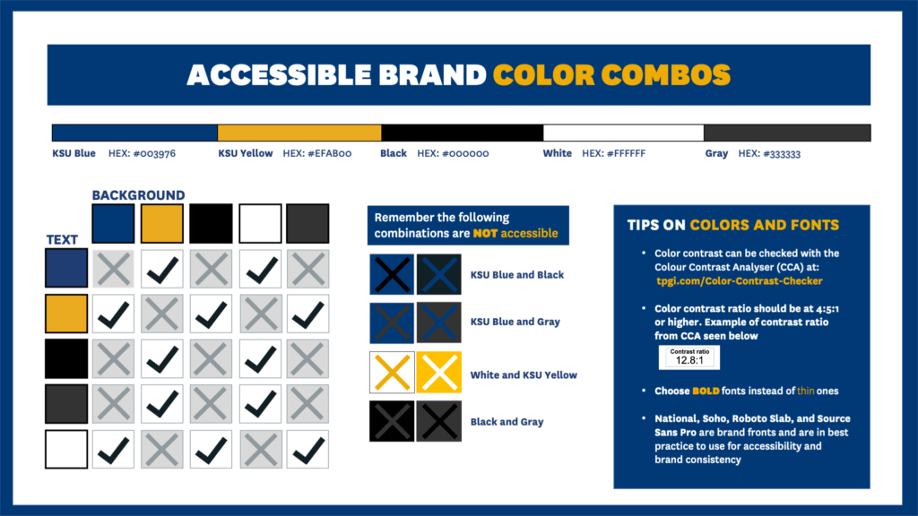 Chart displaying combinations of Kent State brand colors that do and do not pass color contrast.
